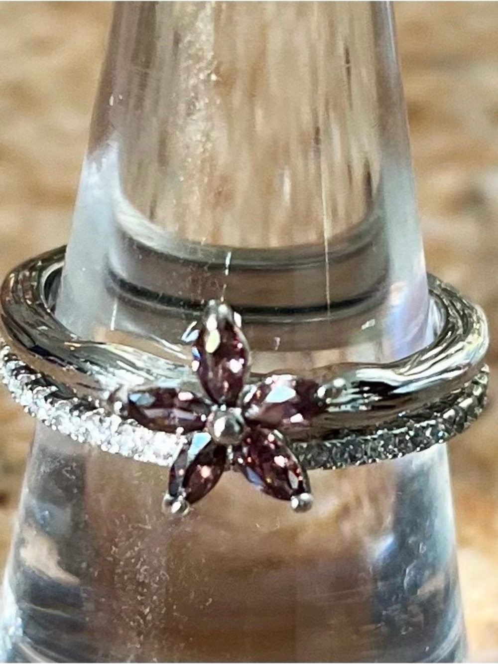 Bomb Party RETRO RBP2282 Farmhouse Floral Unicorn Rhodolite & White Topaz Ring